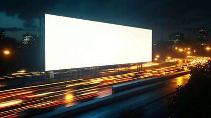 3D Rendering of Freeway with Blank Billboard at Night