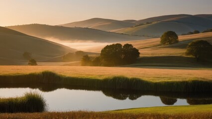 Obraz premium Morning mist over a lake surrounded by fields and hills, bathed in warm sunlight. The peaceful reflections and golden tones evoke a serene and harmonious countryside atmosphere