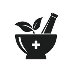 Icon vector of Healing herbs in mortar with pestle. alternative medicine sign.