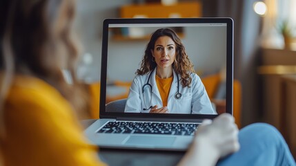 A person connects with a doctor through a laptop, seeking medical advice and consultation in a cozy home environment