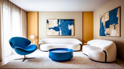  salon z niebieskim krzesłem i dwoma białymi krzesłami, modernizm, futurystyczny wystrój, modernistyczne wnętrze, nowoczesne meble galeryjne, niebiesko-biała kolorystyka