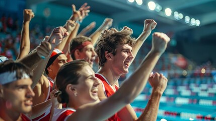 Fototapeta premium Relay team celebrating after a race, concept of teamwork and victory, selective focus, swimming arena, dynamic, Multilayer, cheering crowd backdrop