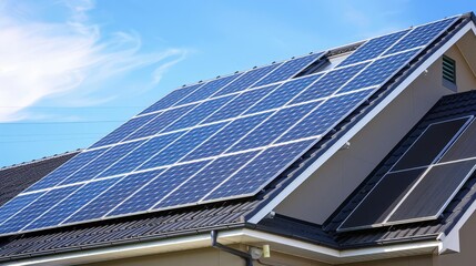 Renewable energy solutions featuring solar panels on a house roof under a clear blue sky with copy space