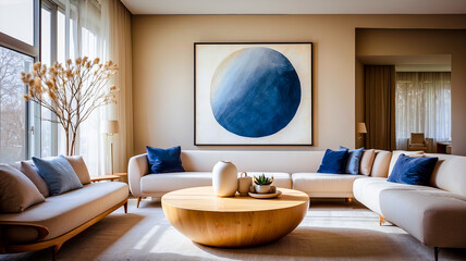  salon z niebieskim krzesłem i dwoma białymi krzesłami, modernizm, futurystyczny wystrój, modernistyczne wnętrze, nowoczesne meble galeryjne, niebiesko-biała kolorystyka