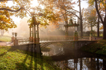 Chinese bridge on misty autumn morning in Alexander park, Pushkin (Tsarskoe Selo), Saint...