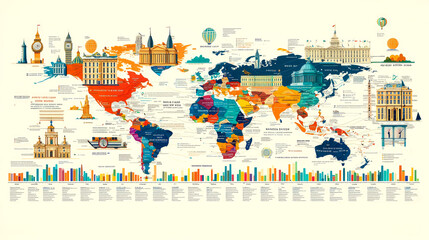 World map highlighting landmarks and cultural facts.