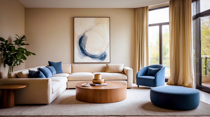  salon z niebieskim krzesłem i dwoma białymi krzesłami, modernizm, futurystyczny wystrój, modernistyczne wnętrze, nowoczesne meble galeryjne, niebiesko-biała kolorystyka