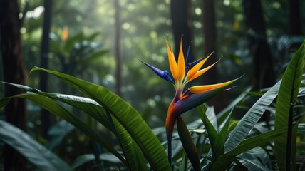 Obraz premium A vibrant bird of paradise flower blooms in a lush, tropical rainforest, bathed in sunlight.