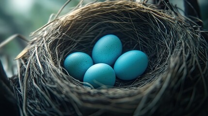 Obraz premium Four blue bird eggs in a nest of twigs and branches.