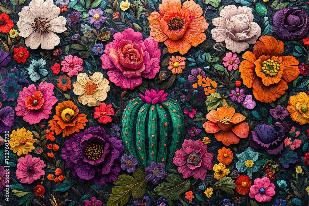 Poster a stunning display of colorful flowers and a cactus, intricately designed in a textured artwork that