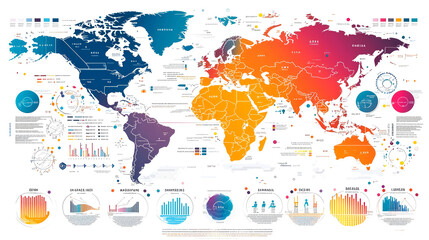 Naklejka premium World map with data visualizations showing different regions and their characteristics.