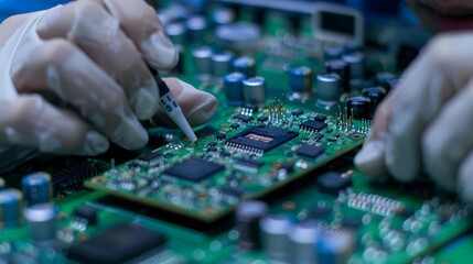 Obraz premium Close-up of technician working on a circuit board with a soldering iron.