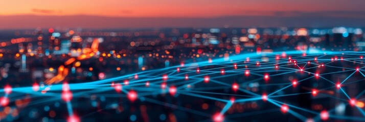 Fototapeta premium Abstract futuristic cityscape with glowing network lines.