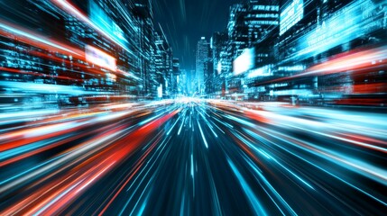 Blurred Motion of Speeding through a Futuristic Cityscape at Night