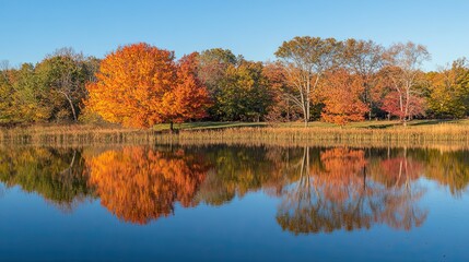 A tranquil autumn scene with vibrant fall foliage reflected in a still lake.