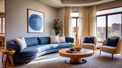  salon z niebieskim krzesłem i dwoma białymi krzesłami, modernizm, futurystyczny wystrój, modernistyczne wnętrze, nowoczesne meble galeryjne, niebiesko-biała kolorystyka