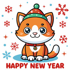 A cute cartoon cat wearing a red sweater and Santa hat cheerfully announces Happy New Year