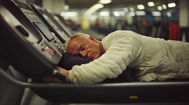 A man in casual attire rests his head on a pillow atop a treadmill, seemingly exhausted during a busy workout period in the gym