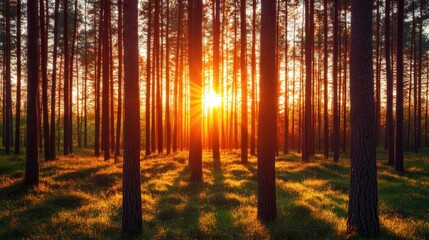 Fototapeta premium Bright morning light streaming through a forest, symbolizing the promise of a new day