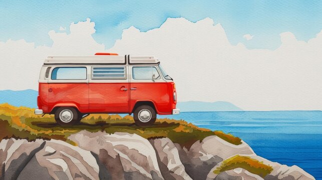 Vintage blue camper van parked on a cliff overlooking the ocean.