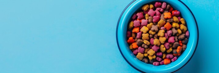 Close-up of a blue bowl filled with colorful pet food kibble on a blue background.
