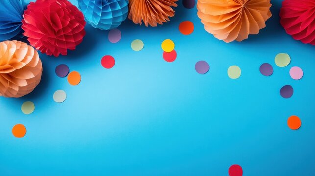 Colorful festive tinsel garlands in blue, red, and orange on blue background with scattered confetti.