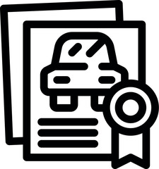 Line art icon of car ownership certificate with approved badge, representing successful vehicle registration and legal documentation