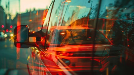 Fototapeta premium Closeup of a red car driving through a city at sunset.