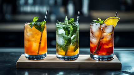 Fototapeta premium Promotional photo of three glasses of cocktails Mojito, Aperol Syringe, Long Island on the bar board