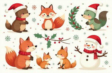 Christmas collection with cute animals: bear, fox, squirrel, bird, Santa Claus, Snowman and christmas decorative elements