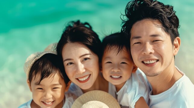 Happy Asian family of four smiling on the beach.