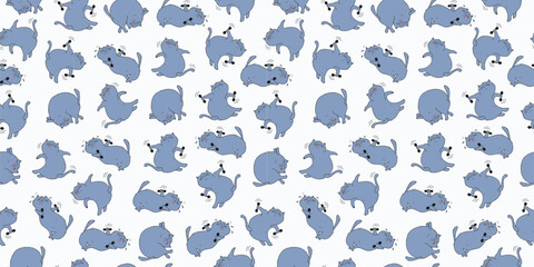 Seamless pattern, set of cartoon cats athletes. Fat happy cats doing gymnastics. Cat with dumbbells, in yoga pose. Doodle. Vector background.