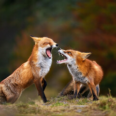 Fototapeta premium Playful Red Foxes Engaged in Battle