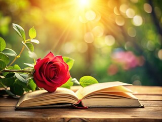 Beautiful Digital Illustration of Open Book with Red Rose and Greenery for Nature and Literature Lovers
