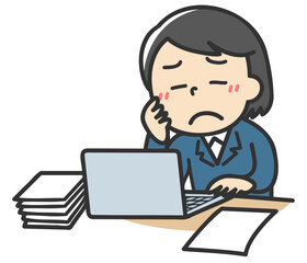 書類の山にパソコンの前で悩む女性のイラスト