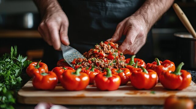 Chef preparing chiles en nogada, stuffing peppers with a flavorful meat mixture. - Powered by Adobe