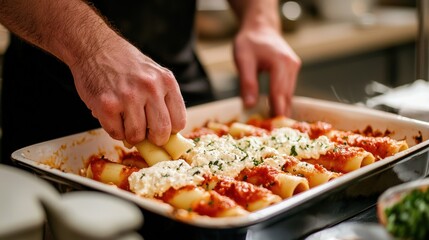 Chef filling cannelloni pasta tubes with ricotta cheese and placing them in a baking dish.