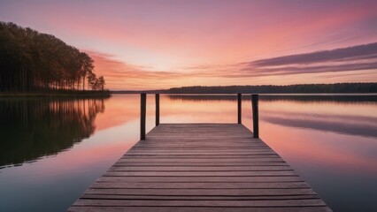 Fototapeta premium A wooden dock extending into a calm lake during sunrise, with beautiful pink and orange hues reflecting off the water. The peaceful morning atmosphere is perfect for a serene start to the day.
