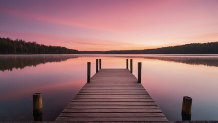Obraz premium A wooden dock extending into a calm lake during sunrise, with beautiful pink and orange hues reflecting off the water. The peaceful morning atmosphere is perfect for a serene start to the day.