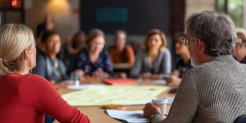 A diverse group of individuals sits around a wooden conference table deeply engaged in a brainstorming session, emphasizing collaboration and strategic thinking.