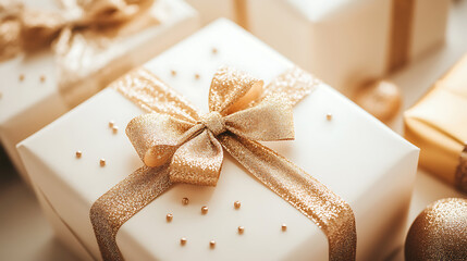 Close-up of holiday gifts with shimmering bows and delicate ornaments