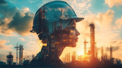 future building construction engineering project concept with double exposure graphic design Building engineer, architect people or construction worker working with modern civil equipment technology
