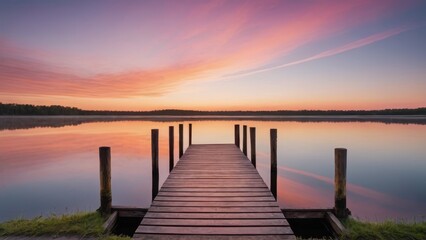 Fototapeta premium A wooden dock extending into a calm lake during sunrise, with beautiful pink and orange hues reflecting off the water. The peaceful morning atmosphere is perfect for a serene start to the day.