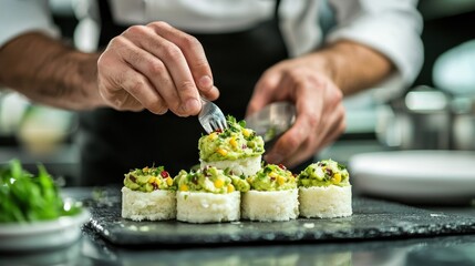 Chef assembling causa, layering mashed potatoes and avocado filling.