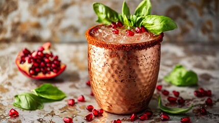 A Sangrita cocktail in a copper cup with a spicy rim, decorated with pomegranate seeds and fresh basil, against a minimalist metallic silver background