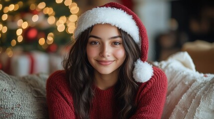 A young woman with long, wavy dark hair, dressed in a red knit sweater and Santa hat, sits on a cozy couch. Behind her, the soft glow of Christmas lights and decorations creates a warm and festive atm
