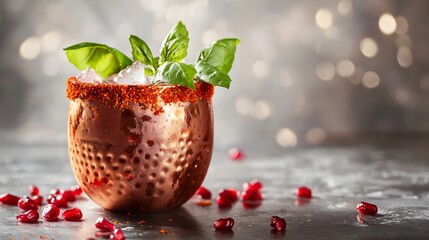 A Sangrita cocktail in a copper cup with a spicy rim, decorated with pomegranate seeds and fresh...