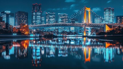 Naklejka premium A panoramic view of a city skyline at night with a bridge illuminated with colorful lights reflected in the water.