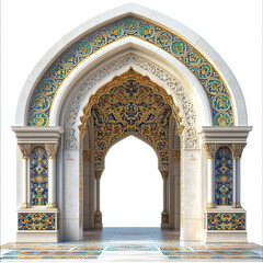 Ornate archway with intricate tile work and a white background.