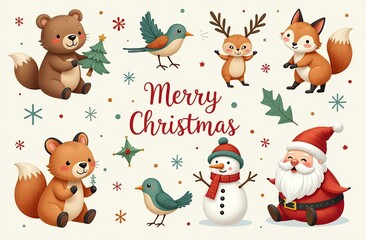 Christmas collection with cute animals: bear, fox, squirrel, bird, Santa Claus, Snowman and christmas decorative elements